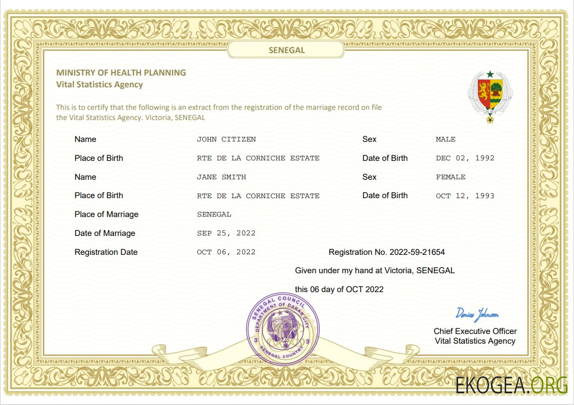 Modèle Word et PDF d'acte de mariage au Sénégal